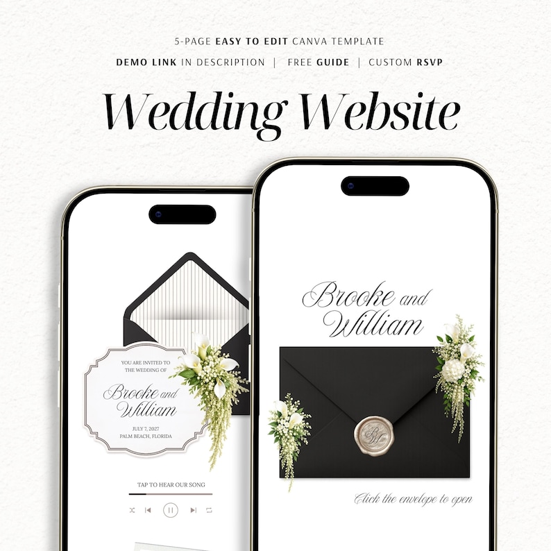Plantilla web de boda en blanco y negro estilo "Old Money" con confirmación de asistencia / Invitación digital editable en Canva (descarga instantánea) imagen 1