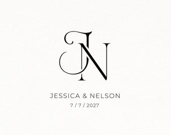 May include: A black graphic design featuring the intertwined serif letters J and N. Below the monogram, the text JESSICA & NELSON is printed in a clean sans-serif font, followed by the date 7 / 7 / 2027 on the bottom line against a white background.