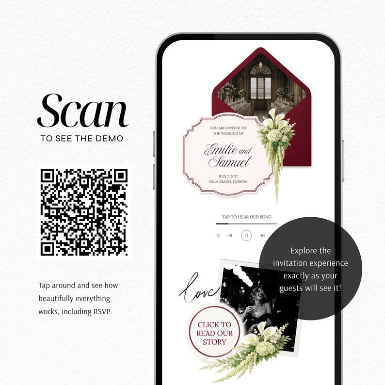 May include: A smartphone screen displays a digital wedding invitation demo featuring a burgundy envelope, floral accents, and text reading Emilie and Samuel, July 7, 2027, Palm Beach, Florida. A QR code is visible on the left with the text Scan to see the demo.