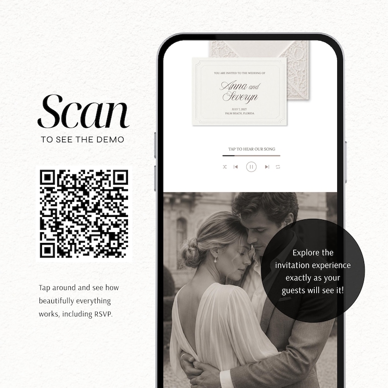 May include: A smartphone screen displaying a digital wedding invitation demo with a QR code on the left labeled Scan to see the demo. The screen shows a wedding invitation card, a music player interface, and a black and white photo of a couple.