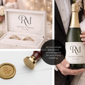 May include: A velvet ring box containing two gold bands, a champagne bottle with a custom label, and a wax seal stamp. The ring box and bottle label feature the initials RM, the names Rachel & Mason, and the date 7/7/2027 in black serif font.