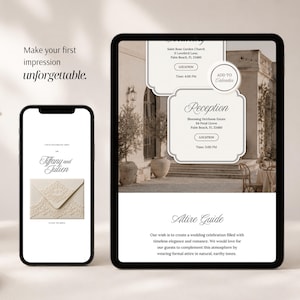 Peut inclure: Un smartphone et une tablette affichant un faire-part de mariage num&eacute;rique. Les &eacute;crans pr&eacute;sentent les d&eacute;tails de l'&eacute;v&eacute;nement, les lieux de c&eacute;r&eacute;monie et de r&eacute;ception, un bouton d'ajout au calendrier et un guide vestimentaire sur les tons naturels.