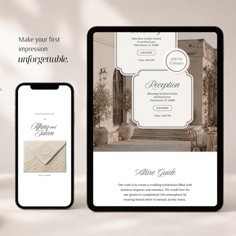 Peut inclure: Un smartphone et une tablette affichant un faire-part de mariage num&eacute;rique. Les &eacute;crans pr&eacute;sentent les d&eacute;tails de l'&eacute;v&eacute;nement, les lieux de c&eacute;r&eacute;monie et de r&eacute;ception, un bouton d'ajout au calendrier et un guide vestimentaire sur les tons naturels.
