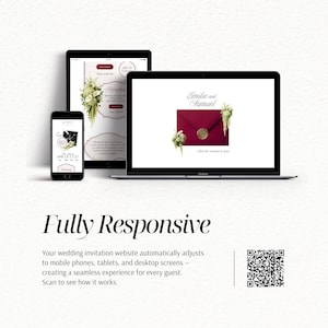 May include: A laptop, tablet, and smartphone displaying a wedding invitation website with a burgundy envelope, gold wax seal, and floral accents. The screen shows the text Emilie and Samuel, Click the envelope to open, and Fully Responsive.
