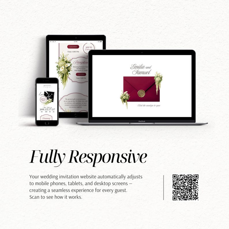 May include: A laptop, tablet, and smartphone displaying a wedding invitation website with a burgundy envelope, gold wax seal, and floral accents. The screen shows the text Emilie and Samuel, Click the envelope to open, and Fully Responsive.