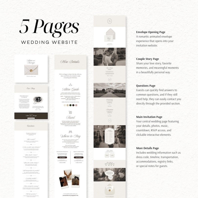 May include: A digital template for a 5-page wedding website featuring a neutral color palette. The layout includes sections for an envelope opening, couple story, questions, main invitation, and additional details with text and photo placeholders.