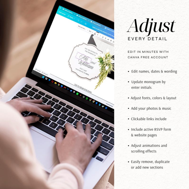 Puede incluir: Una pantalla de port&aacute;til que muestra una plantilla de invitaci&oacute;n de boda digital con detalles florales y el texto Max and William. A la derecha aparece el texto Adjust Every Detail, Edit in minutes with Canva free account y una lista.