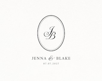 May include: A black and white graphic design featuring a central oval frame enclosing the intertwined serif initials JB. Below the oval, the text reads JENNA & BLAKE in capital letters, followed by the date 07.07.2027 in a smaller font size.