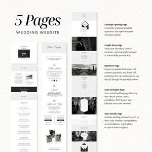 May include: A digital template for a 5-page wedding website featuring black and white layouts. The design includes sections for an envelope opening, couple story, questions, main invitation, and additional details with text and photo placeholders.