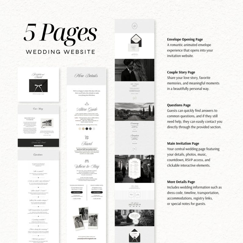 May include: A digital template for a 5-page wedding website featuring black and white layouts. The design includes sections for an envelope opening, couple story, questions, main invitation, and additional details with text and photo placeholders.