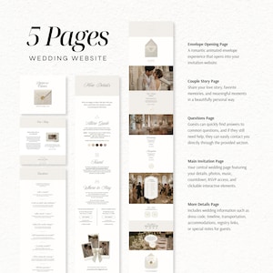 May include: A digital wedding website template featuring 5 pages including an envelope opening, couple story, questions, main invitation, and details page. The design uses a neutral color palette with serif typography and layout sections for photos, event timelines, travel, and accommodation information.