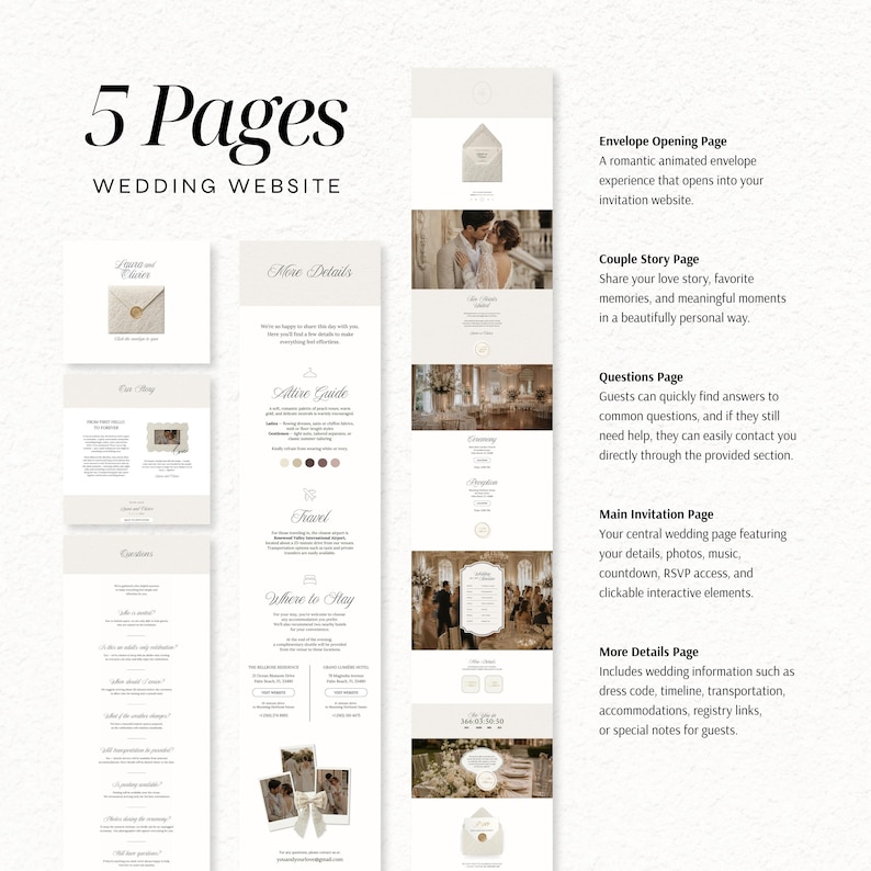 May include: A digital wedding website template featuring 5 pages including an envelope opening, couple story, questions, main invitation, and details page. The design uses a neutral color palette with serif typography and layout sections for photos, event timelines, travel, and accommodation information.