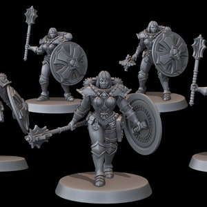 Könnte beinhalten: Eine Sammlung von fünf grauen Miniaturfiguren einer weiblichen Kriegerin in Rüstung, jede mit einem Streitkolben und einem Schild. Die Schilde weisen ein Totenkopf- und Kreuz-Design auf. Die Figuren stehen auf kreisförmigen Sockeln vor schwarzem Hintergrund.