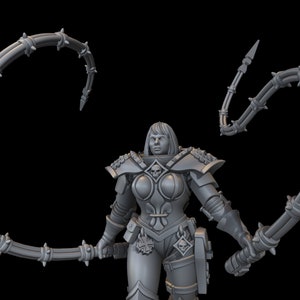 Könnte beinhalten: Graue Figur einer Kriegerin in Rüstung, die zwei Stachelpeitschen hält. Die Rüstung weist Totenkopfembleme und aufwendige Details auf. Die Figur hat kurzes Haar und einen strengen Ausdruck, vor schwarzem Hintergrund.