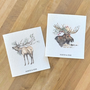 Winter Moose, Winter Elk 2pk - Swedish Dish Cloth, Kitchen Dish Cloth, Reusable Dish Cloth, Winter Dish Cloth, 6.75&quot; x 7.5&quot;