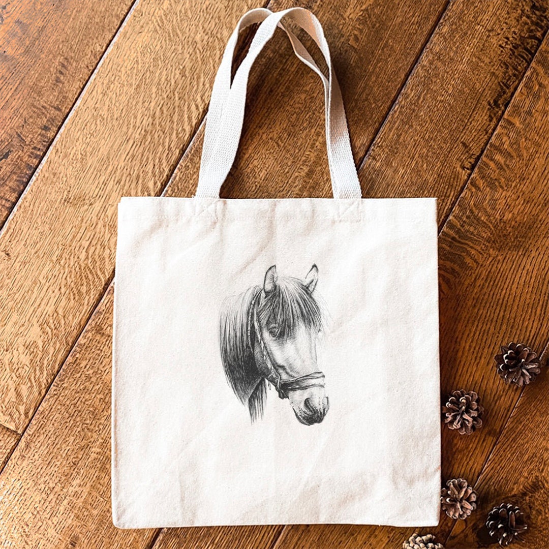 Hand Drawn Horse Canvas Tote Bag, Market Bag, Grocery Bag, Sturdy
