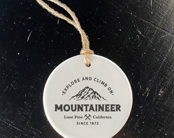 Mountaineer w/ City, State - Ornament, Host Gift Tag, Porcelain Ornament, Cabin Decor, Custom Ornament, 2.75" diameter