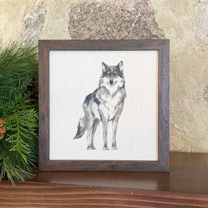 Watercolor Standing Wolf - Framed Sign, Home Decor, Cabin Decor, Kitchen Decor, 9&quot; x 9&quot; Wood Frame