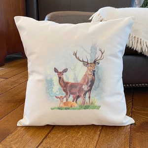 Deer Family in Forest - Square Canvas Pillow, Cabin Decor, Throw Pillow, Decorative Pillow, 18" x 18"
