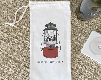 Get Lost Lantern w/ City, State - Canvas Wine Bag, Wine Gift, Sturdy Reusable Bag, Custom Wine Bag, 13" x 6"