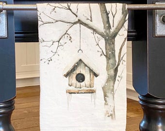 Snowy Birdhouse Cotton Tea Towel: Absorbent Flour Sack Style