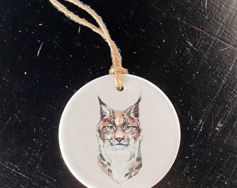 Watercolor Lynx - Ornament, Host Gift Tag, Porcelain Ornament, Cabin Decor, 2.75" diameter