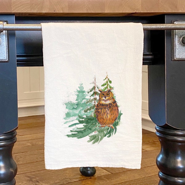 Owl in Forest - Cotton Tea Towel, Flour Sack Towel, 27" x 27"