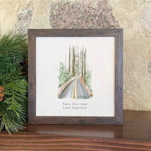 Road Less Traveled Watercolor - Framed Sign, Home Decor, Cabin Decor, Kitchen Decor, 9" x 9" Wood Frame