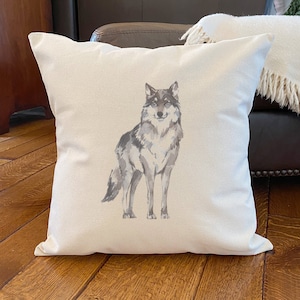 Watercolor Standing Wolf - Square Canvas Pillow, Home Decor, Decorative Pillow, Throw Pillow, Cabin Decor, 18" x 18"