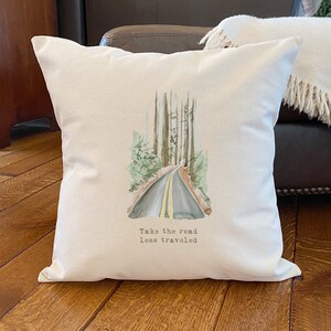 Road Less Traveled Watercolor - Square Canvas Pillow, Home Decor, Decorative Pillow, Throw Pillow, Cabin Decor, 18" x 18"