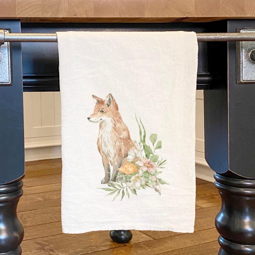 Floral Fox - Cotton Tea Towel, Flour Sack Towel, Nature Decor, Cabin Decor, Kitchen towel, 27" x 27"