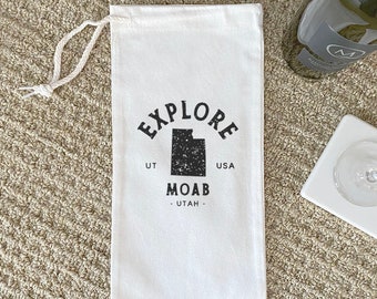 Explore State w/ City, State - Canvas Wine Bag, Wine Gift, Sturdy Reusable Bag, Custom Wine Bag, City State Wine Bag, 13" x 6"