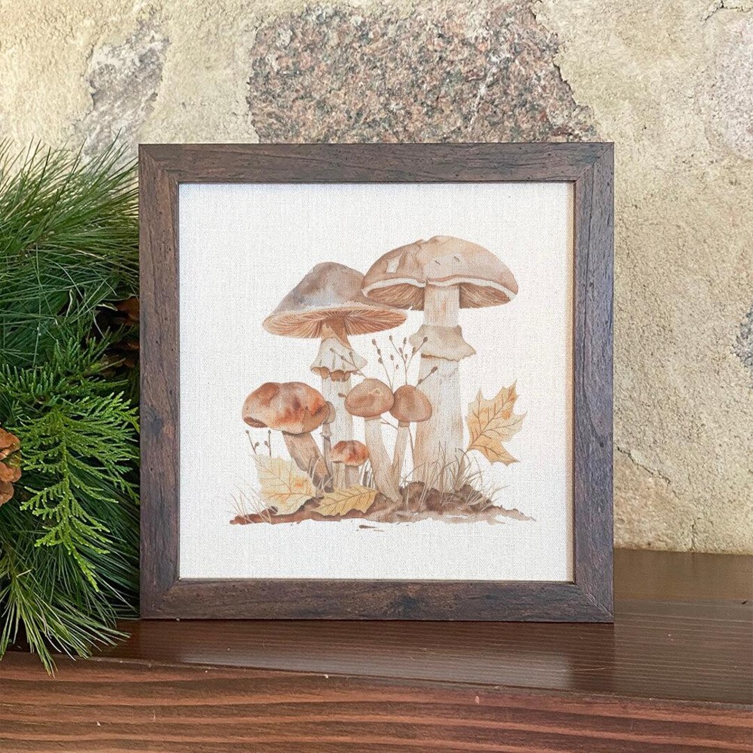 Mushroom Bunch Art, Walnut Veneer Frame, Linen Textured Print, Custom ...