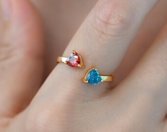 Custom Two Birthstone Ring, Heart Birthstone Jewelry, Couple Ring, Mother Daughter Ring, Christmas Gift for Mother, Anniversary Gift for Her