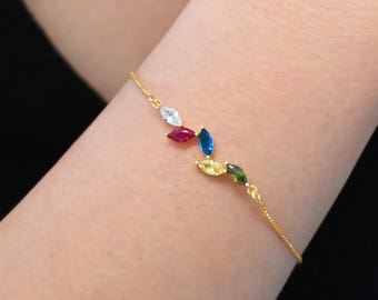 Custom Leaf Birthstone Bracelet, Mom Family Jewelry with Kids Birthstone, Personalized Gift for Her, Christmas Gift