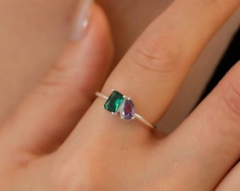 Two Birthstone Ring, Personalised Family Birthstone Ring, Toi Et Moi Gemstone Ring, Mothers Day Gift, Christmas Gift for Her, Couples Gift