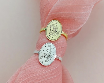 Vintage Zodiac Constellation Ring, Astrology Oval Engraved Ring, Horoscope Star Sign Ring, Celestial Ring, Gold Zodiac Portrait Ring