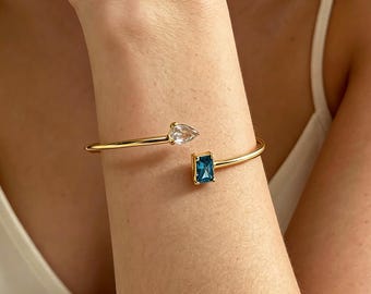 Personalized Two Birthstone Cuff Bracelet, Adjustable Birthstone Bangle, Minimalist Birthstone Jewelry, Christmas Gift for Mom