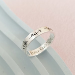 Custom Birth Month Flower Ring, Handmade Engraved Birthflower Ring, Personalized Floral Ring, Custom Name Ring, Gift for Women