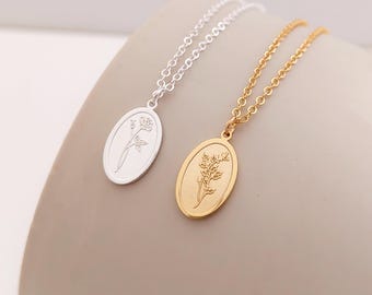 Personalized Birth Month Flower Necklace, Engraved Birthflower Jewelry, Name Necklace, Floral Necklace, Custom Gift for Her, Gift for Mom
