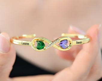 Custom Two Birthstone Bracelet with Name, Personalized Name Bracelet, Infinity Heart Birthstone Bangle Bracelet,Christmas Gift Gift for Her