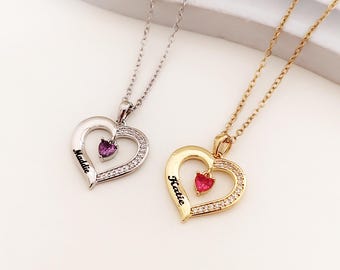 Custom Name Necklace with Birthstone, Personalized Name Jewelry, Heart Birthstone Pendant, Gifts for Women, Christmas Gift