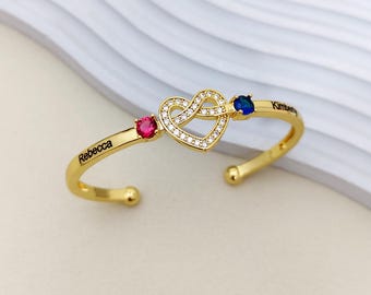Heart Two Birthstone Bracelet, Personalized Name Bracelet with Birthstone, Infinity Bangle, Christmas Gift for Her, Mother Daughter Bracelet
