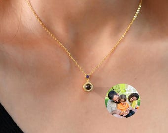 Custom Photo Necklace with Birthstone, Memorial Picture Projection Necklace, Personalized Gift for Mom, Christmas Birthday Gift for Her