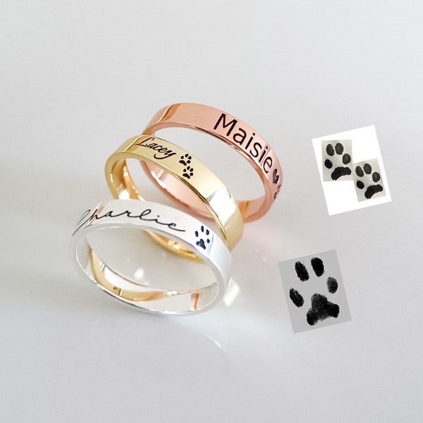 Tatsächlicher Pet Paw Print Ring, Personalisierter Pet Name Ring, Custom Dog Paw Ring, Pet Memorial Gift, Gift for Pet Lover, Cat Paw Ring