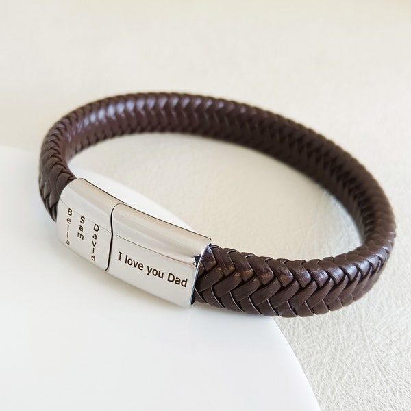 Personalised Men's Leather Bracelet,Mens Engraved Bracelet,Woven Leather Bracelet,Fathers Day Gift,Gift for Dad Boyfriend