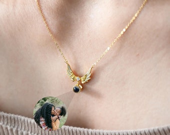 Photo Projection Necklace, Personalized Photo Necklace, Picture Necklace, Wings Necklace, Memorial Gift, Gift for Her, Christmas Gift