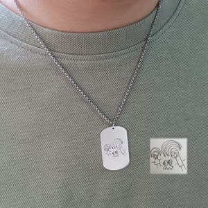 Engraved Necklace for Men, Personalised Drawing Necklace, Kids Doodle Necklace, Gifts for Dad, Father&#39;s Day Gift, Dog Tag Pendant