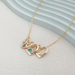 Collar con nombre y piedra de nacimiento personalizado, collar con nombre personalizado, collar con piedra de nacimiento en forma de corazón, joyería con nombre familiar, regalo para mamá
