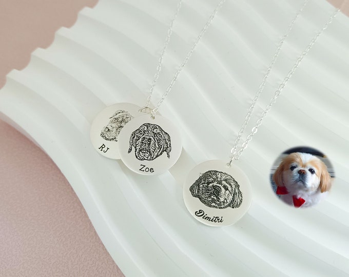 Personalized Pet Portrait Necklace, Custom Dog Photo Necklace, Pet Memorial Jewelry, Engraved Pet Photo, Christmas Gift, Gift for Her